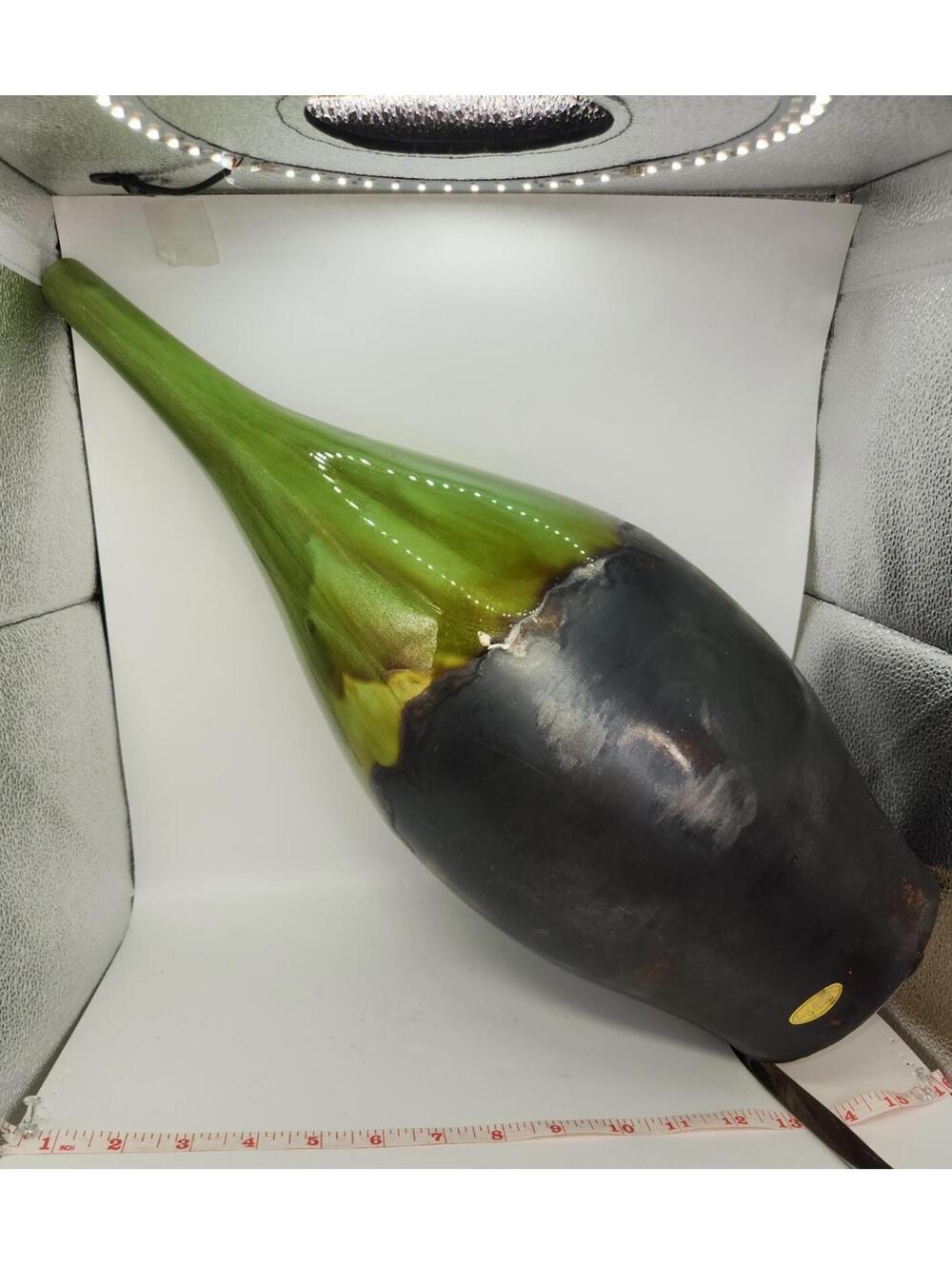 22" Ceramic Vase Trompe I'oeil Style Hand Painted & Glazed Green & Black